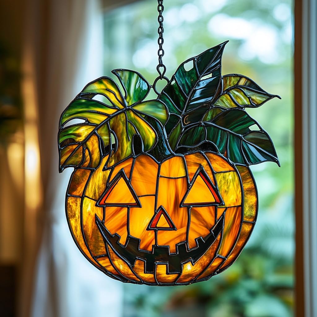 Monstera Jack-o'-Lantern Acrylic Suncatcher Stained Glass Effect Window Car Hanging Christmas
