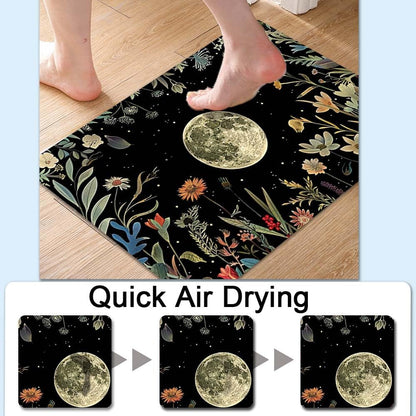 Bath Mat-Bathroom Rug，Moon Surrounded by Wildflowers-Absorbent Non Slip Quick Dry Stain Resistant