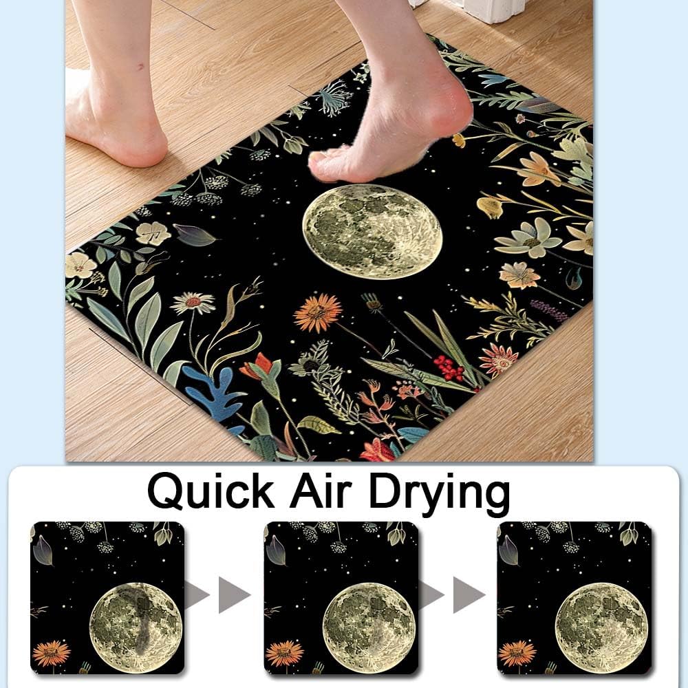 Bath Mat-Bathroom Rug，Moon Surrounded by Wildflowers-Absorbent Non Slip Quick Dry Stain Resistant