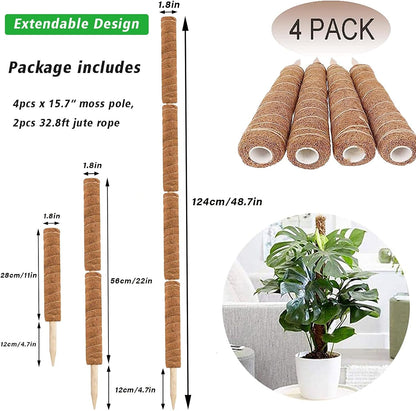 YEAJON 4 Pcs 15.7 Inch Coir Moss Totem Pole Monstera Plant Support with 2 Pcs 32.8ft Jute Rope