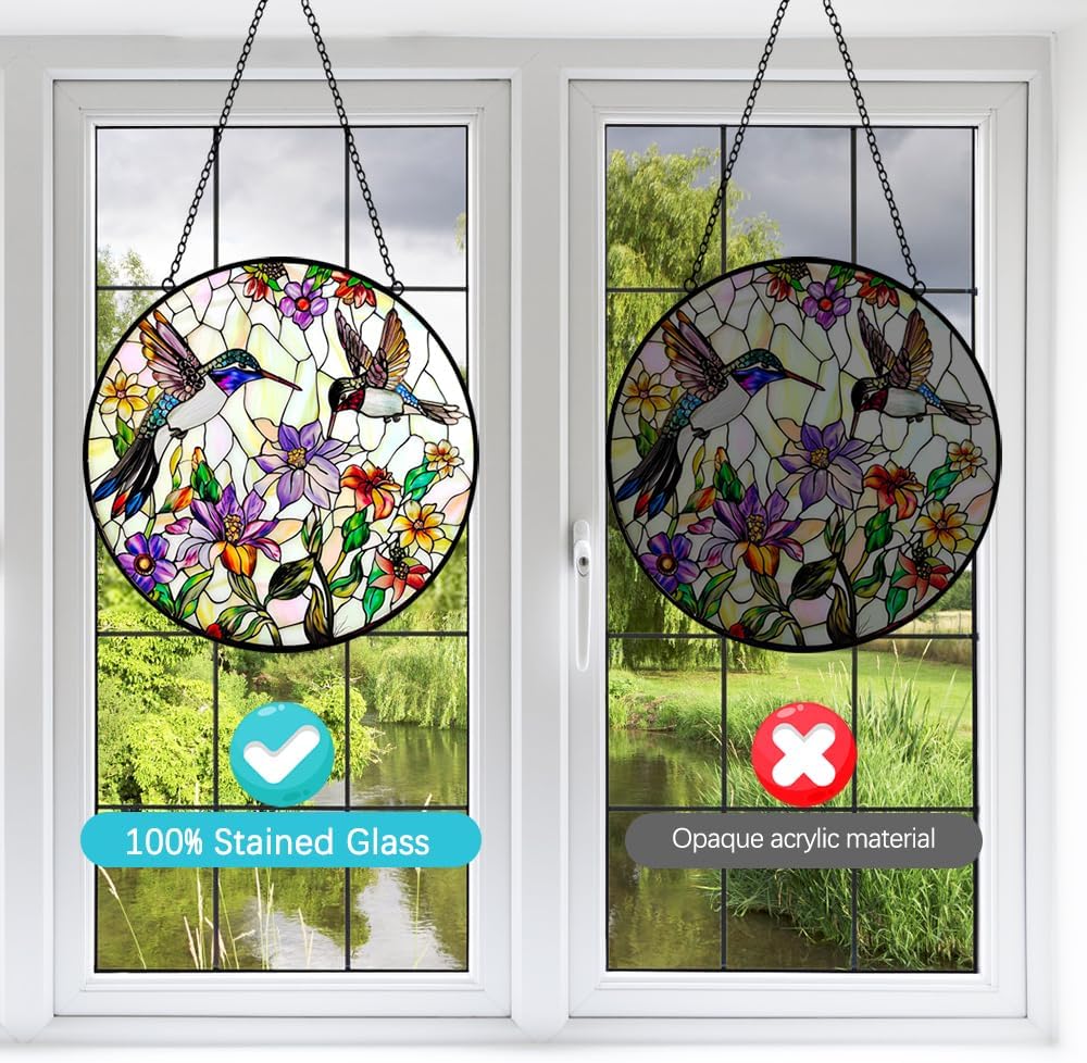 Hummingbird Sun Catcher Stained Glass Window Hanging - Wildflower and Bird Suncatchers for Windows