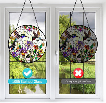 Hummingbird Sun Catcher Stained Glass Window Hanging - Wildflower and Bird Suncatchers for Windows