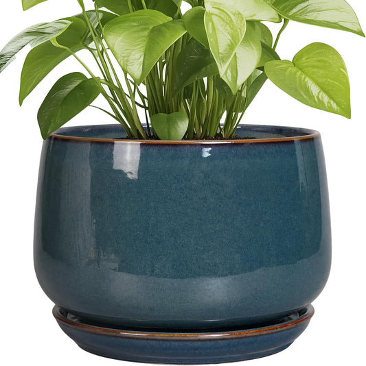G EPGardening Ceramic Plant Pots - 9 Inch Round Modern Planter Indoor with Drainage and Tray for