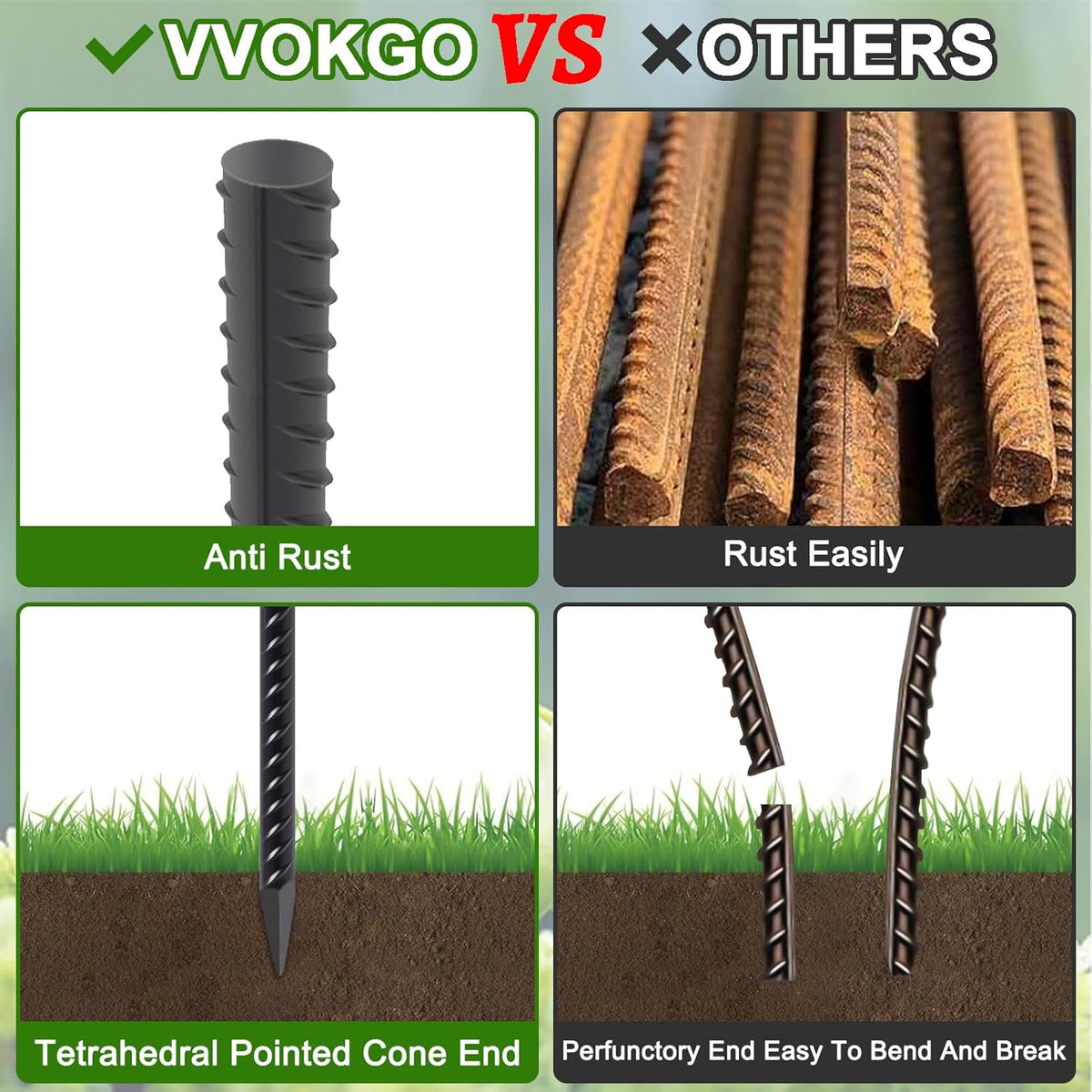 VVOKGO Rebar Stakes 24 Inch Ground Straight Concrete Form Stakes Heavy Duty (16pcs), 3/8" Diameter