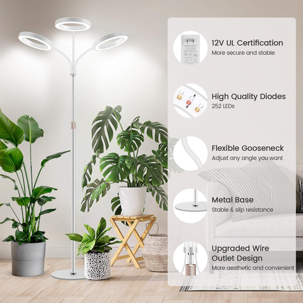 Garpsen Floor Plant Light, Full Spectrum 252 LEDs Grow Light for Indoor Plants with Base, 3 Color
