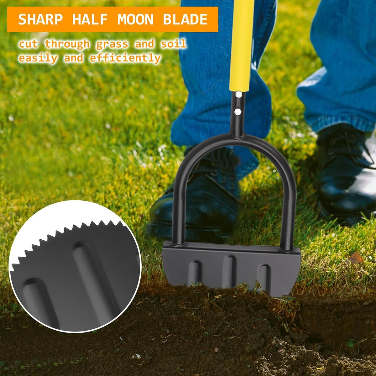 Manual Edger Lawn Tool 37-inch, Half Moon Edger Chopper Lawn Tool with V-Shape Serrated Blade,Solid