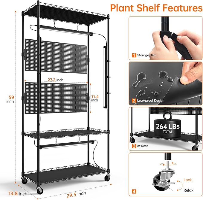 Bstrip Plant Shelf with Grow Light & Pegboard, Metal Plant Stand with Adjustable Rack and Wheels, 4