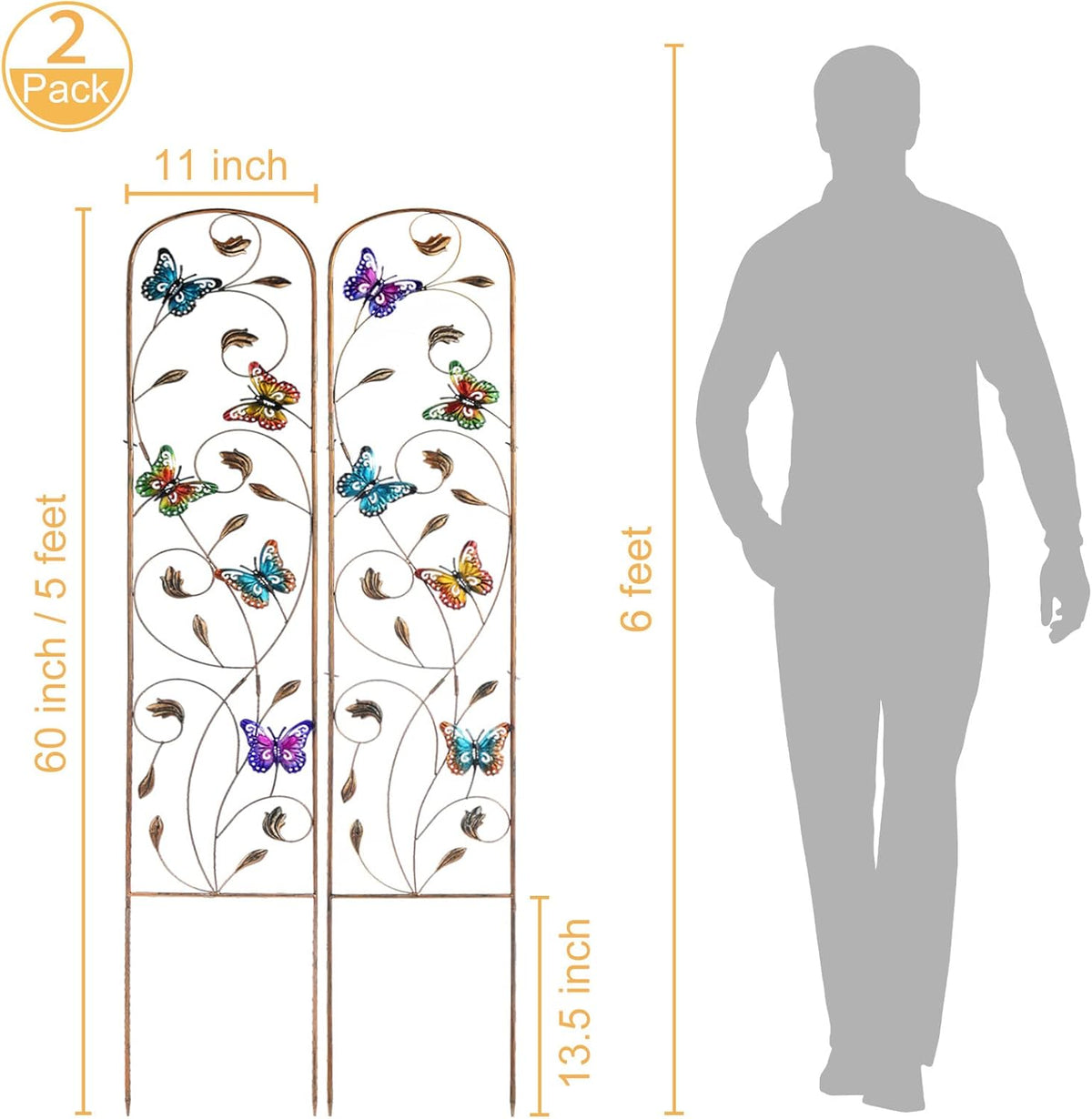 LEWIS&WAYNE 2 Pack Metal Garden Trellis with Colorful Butterfly 60 Inch High Outdoor Decoration