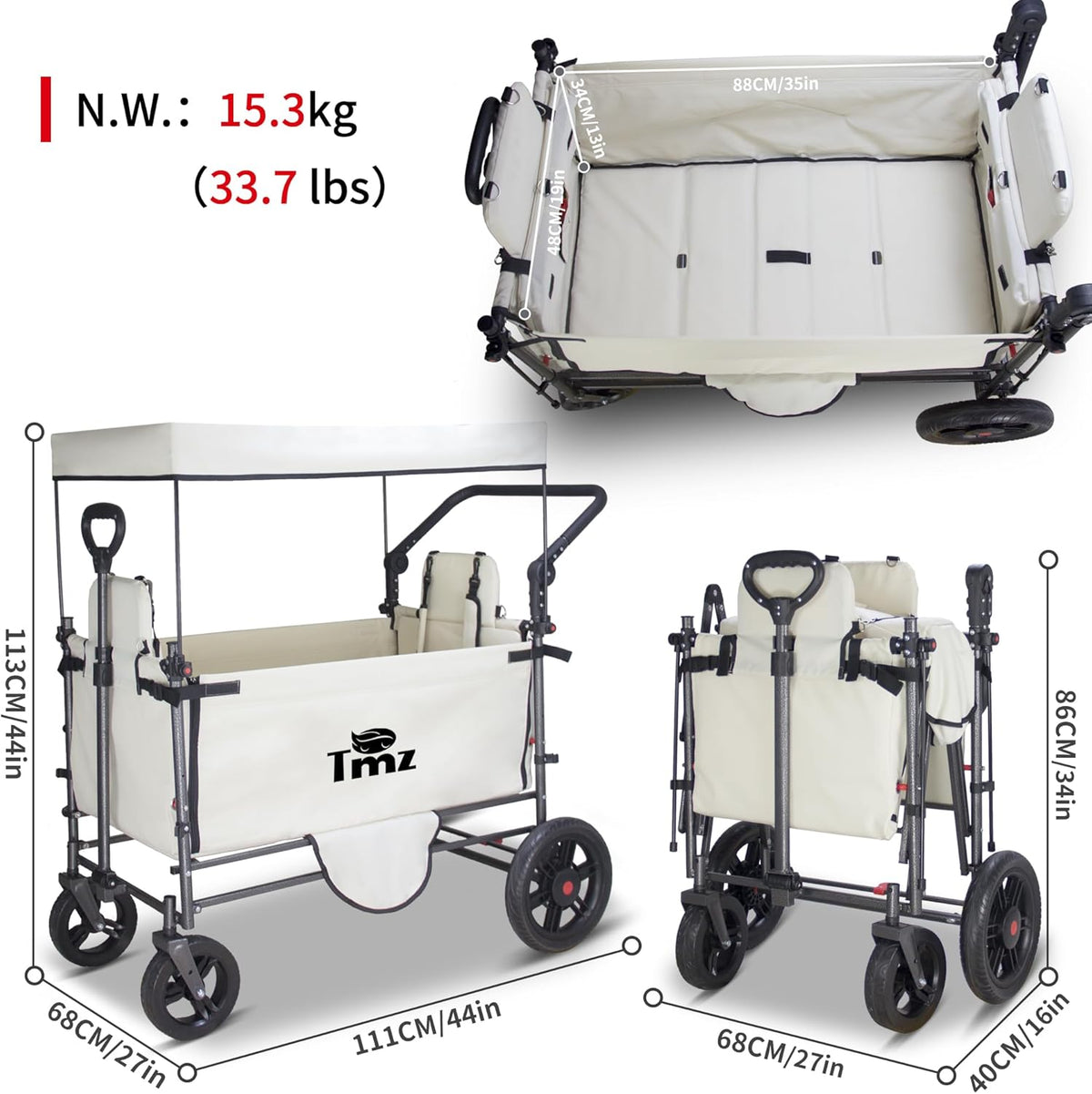 TMZ Collapsible Wagon Cart with Side-Opening Seat Conversion Design, Foldable Utility Wagon with 2