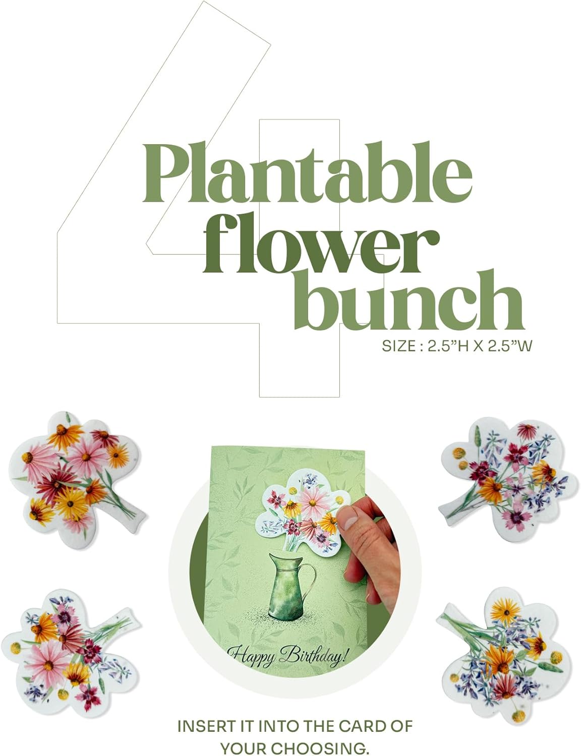 Seed Paper Birthday Cards – 4 Plantable Bouquet Inserts with Wildflower Seeds, 4 Greeting Cards &