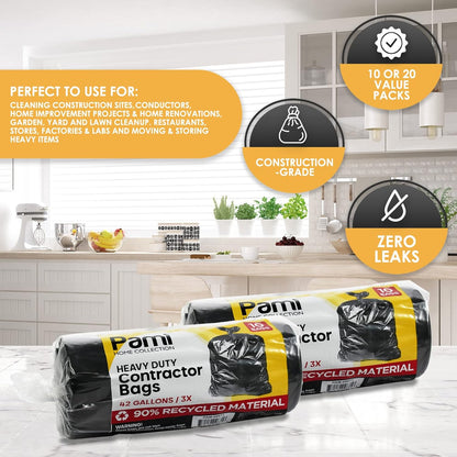 PAMI Heavy Duty 42 Gallon Construction Bags, Tear-Resistant Contractor Garbage Bags for Yard Waste
