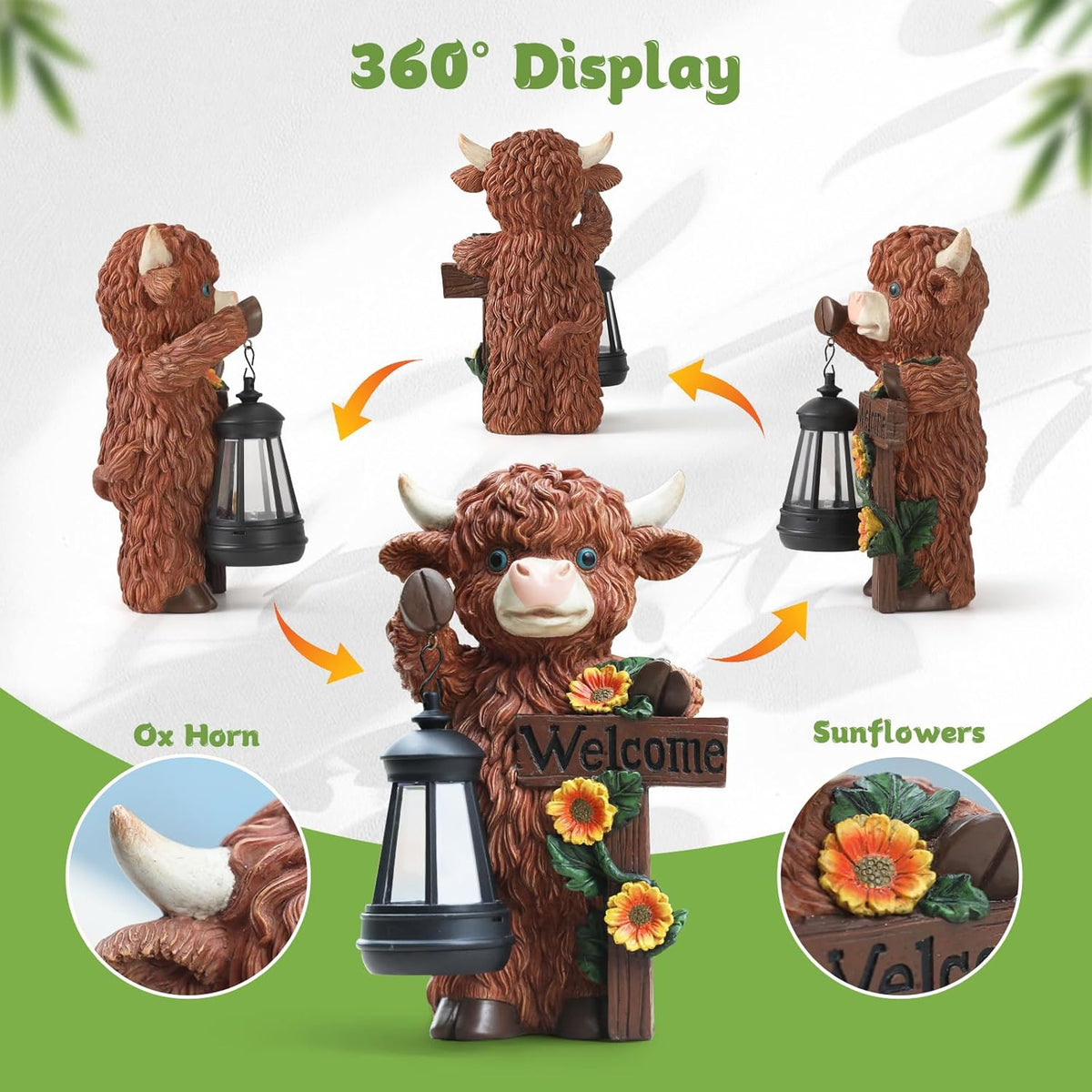 Solar Highland Cow Garden Decor - Outdoor Waterproof Resin Statues with LED Lights, Solar Patio