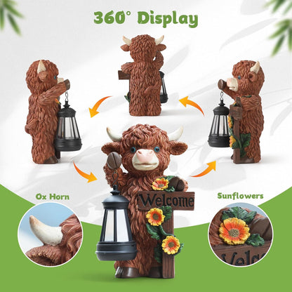 Solar Highland Cow Garden Decor - Outdoor Waterproof Resin Statues with LED Lights, Solar Patio