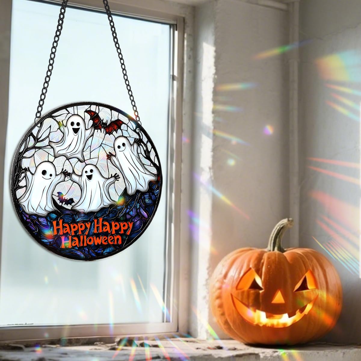 Halloween Sun Catcher - 8 Inch Round Suncatcher for Window Hanging Decoration - Creates Indoor