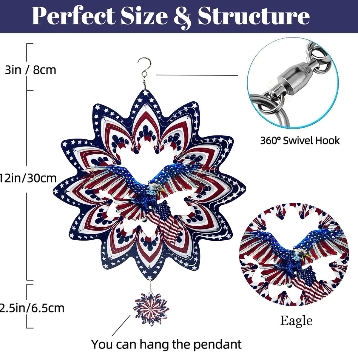 Eagle Wind Spinners for Yard and Garden,Wind Spinner Hanging,3D Metal Wind Catchers,12in American