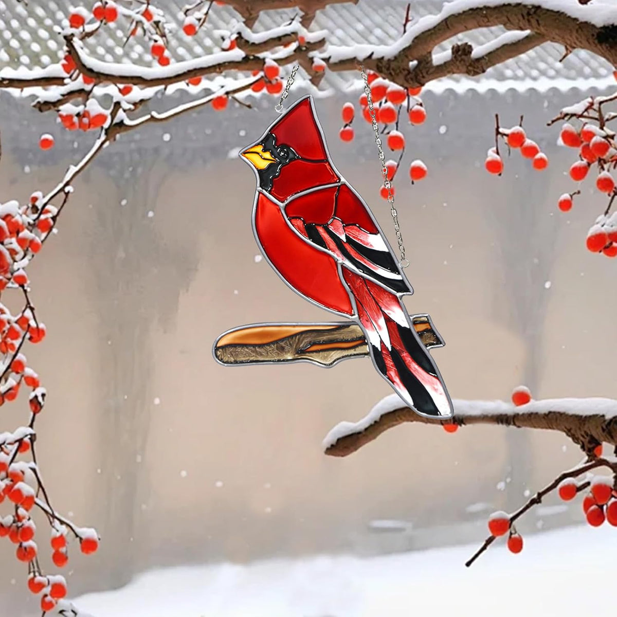 Red Cardinal Decor Stained Glass Bird Window Hanging Suncatcher for Window Decorations Ornament