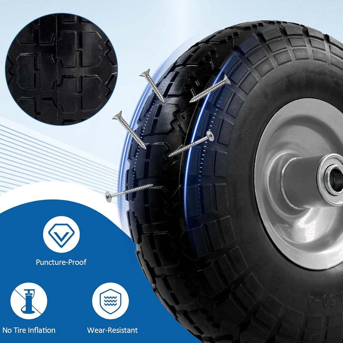 10-Inch 4.10/3.50-4 Tire and Wheel Flat Free, Heavy Duty Solid Replacement Tire with 5/8" Bearings