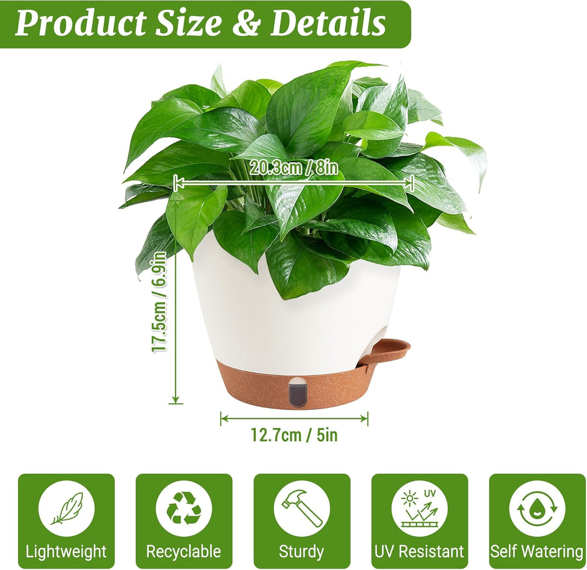 2 Pack 8 Inch Pots for Plants Indoor, Plastic Self Watering Planters with Drainage Holes, Water