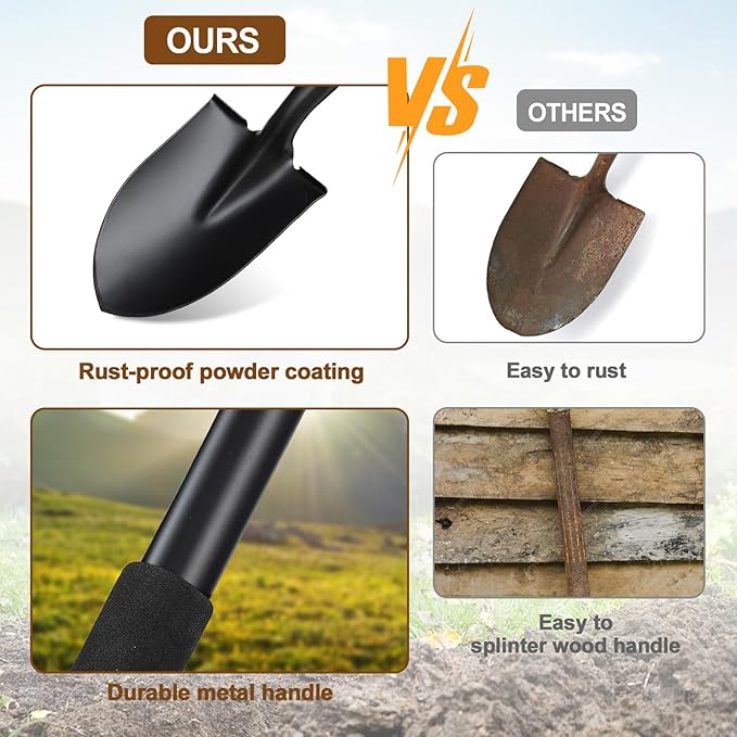 COCONUT 31 Inch Small Garden Shovel, Lightweight Metal Shovel with Black, Padded, Ergonomic D-Grip