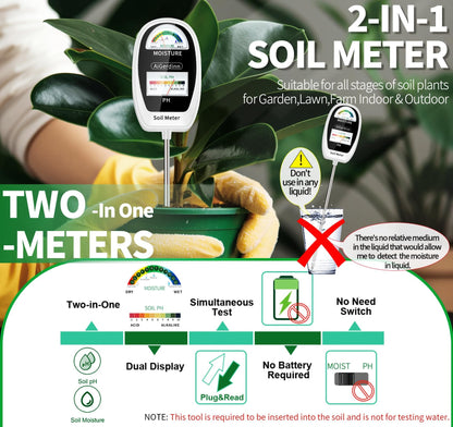 AiGerdinn Soil Test Kit, 2-in-1 Soil Moisture Meter, Soil pH Meter -Dual