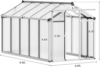 6x10 FT Greenhouse, Easy Assembly Aluminum Polycarbonate Greenhouses for Outdoors with Roof Vent