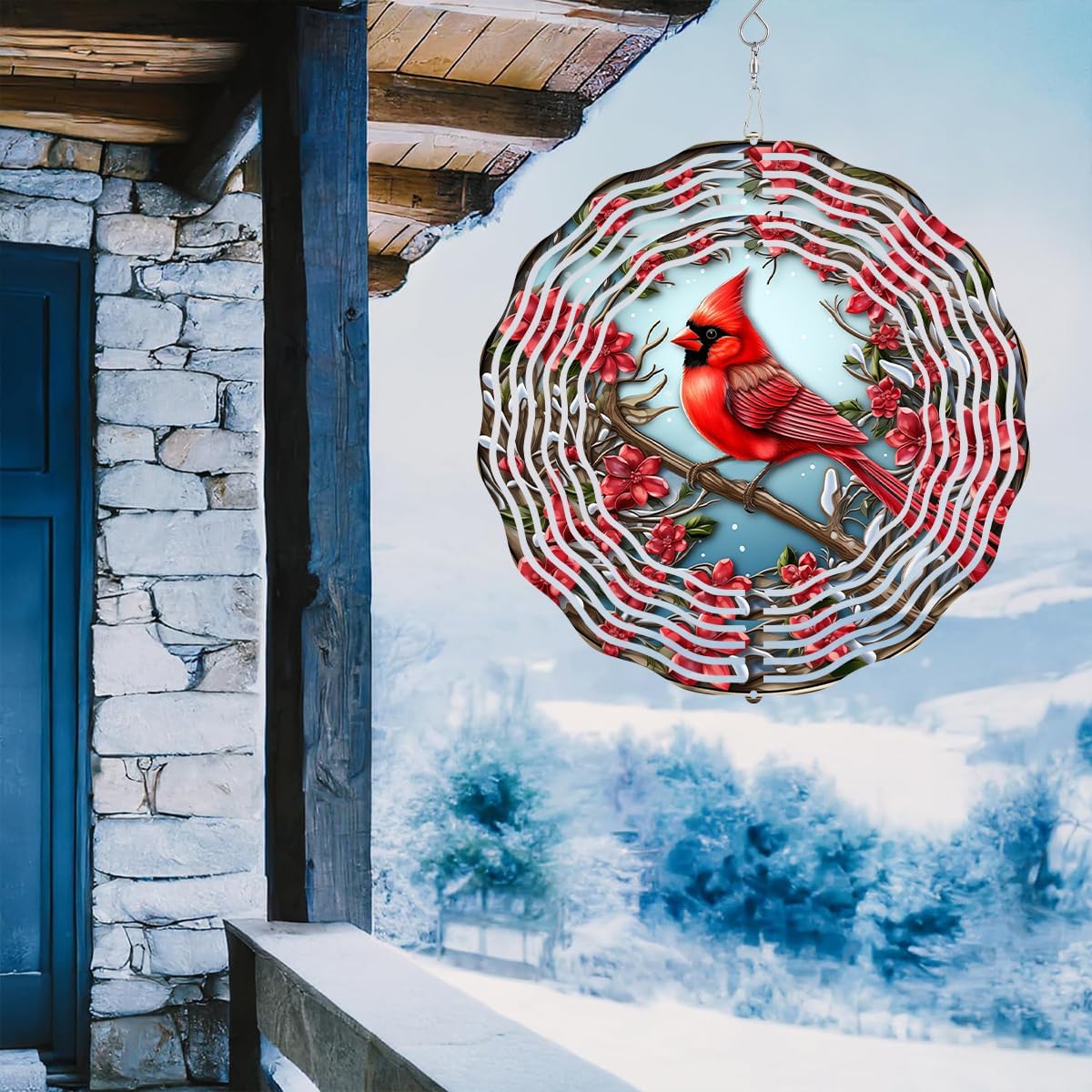 3D Red Cardinal Wind Spinner 10 Inch Stainless Steel Bird Wind Sculpture Kinetic Art Hanging
