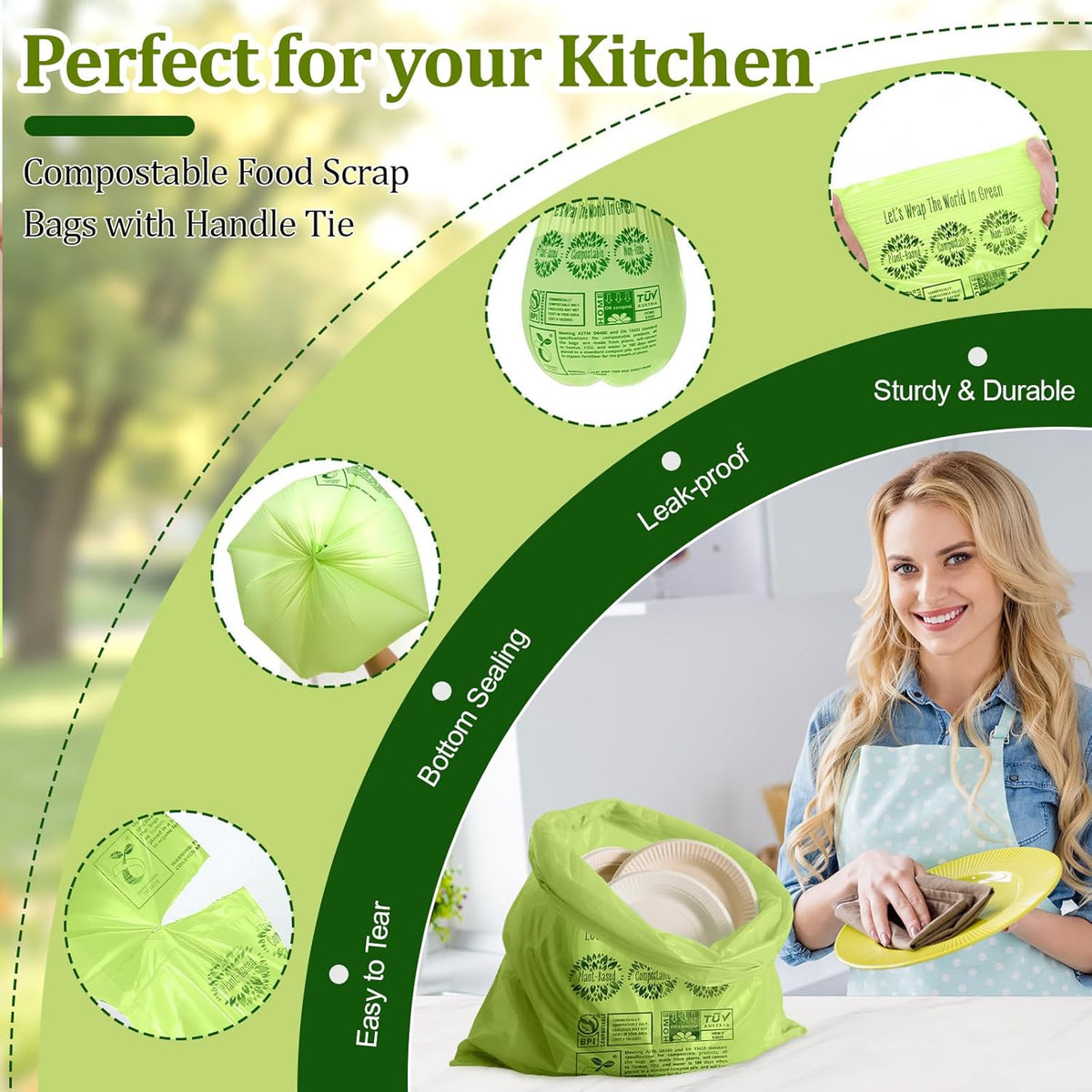 10-13 Gallon Compostable Trash Bags Handle-Tie, Heavy Duty Thick 0.87 Mil, 49.21 Liter, 30 Bags
