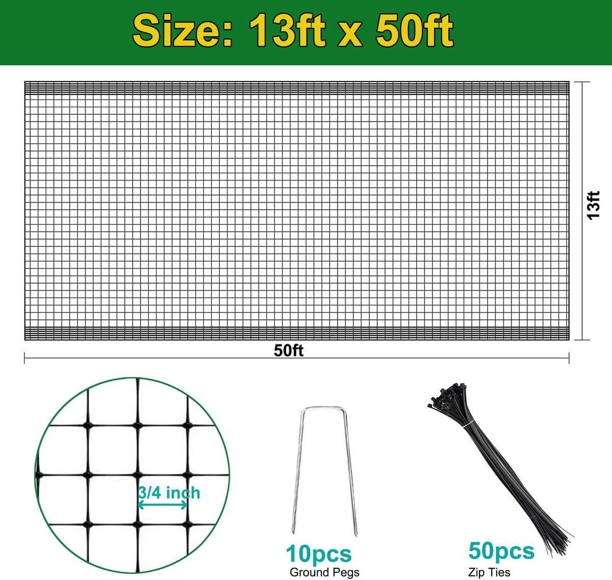 KLEWEE Bird Netting, 13 x 50 FT Heavy Duty Garden Netting for Protect Fruit Trees, Plants and