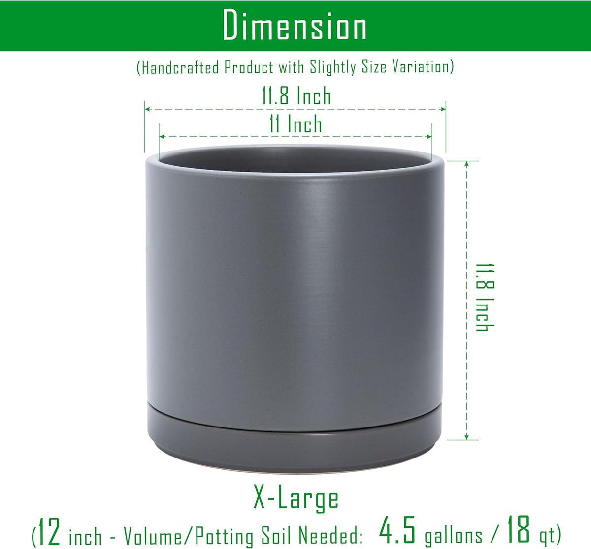 D'vine Dev 12 Inch Ceramic Planter Pot with Drainage Hole and Saucer, Indoor Cylinder Round Planter