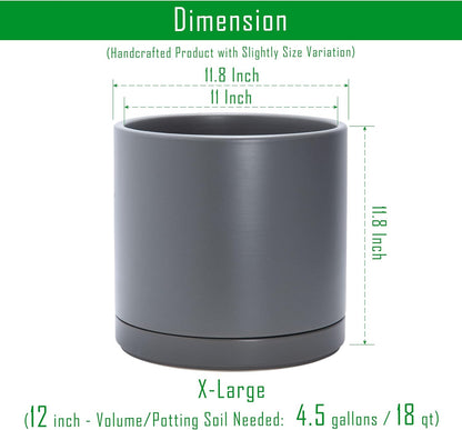 D'vine Dev 12 Inch Ceramic Planter Pot with Drainage Hole and Saucer, Indoor Cylinder Round Planter