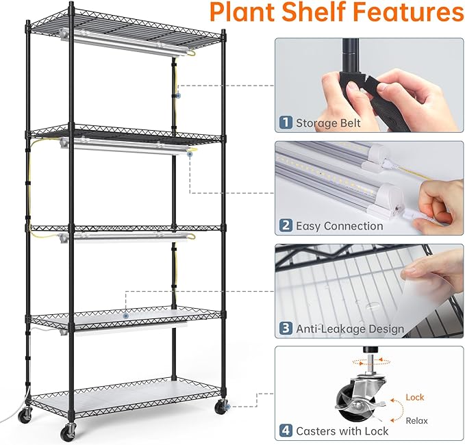 Bstrip Plant Shelf with Grow Lights, 5-Tier Plant Stand with T8 24W Grow Light for Indoor Plants