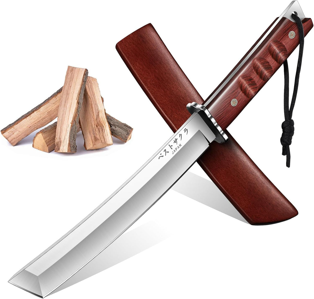 Japanese Fixed Blade Knife - Tanto Knives with Wooden Sheath - Survival Knives with Full Tang