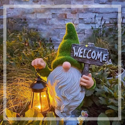 Garden Gnome Statue Outdoor Decor Large Flocked Resin Gnome Figurine with Solar Light Holding