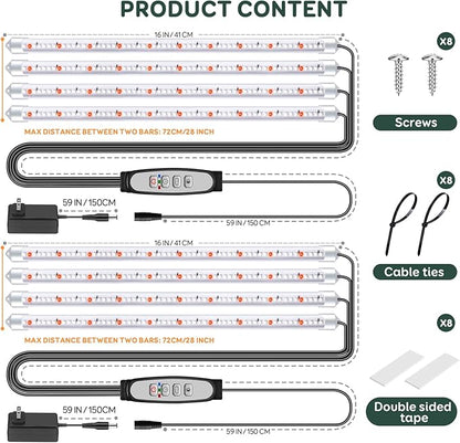 4 Bars Grow Light Strips for Indoor Plants with Auto ON/Off Timer 6/12/18H, 5 Dimmable Levels for