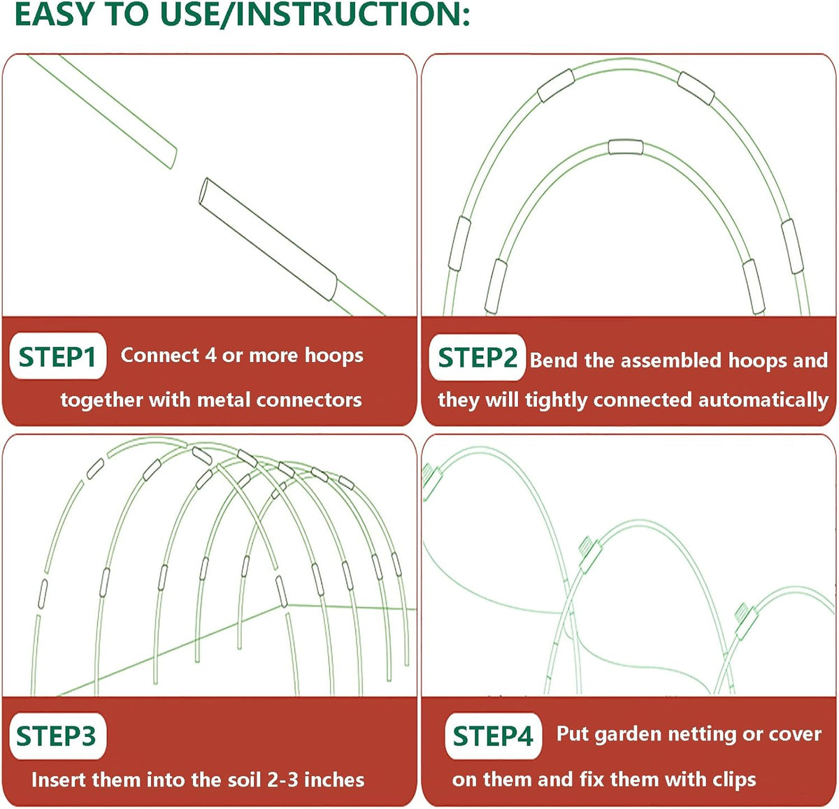 Garden Hoops for Raised Beds, 36pcs Greenhouse Hoops Grow Tunnel, 8ft Rust-Proof Fiberglass Frame