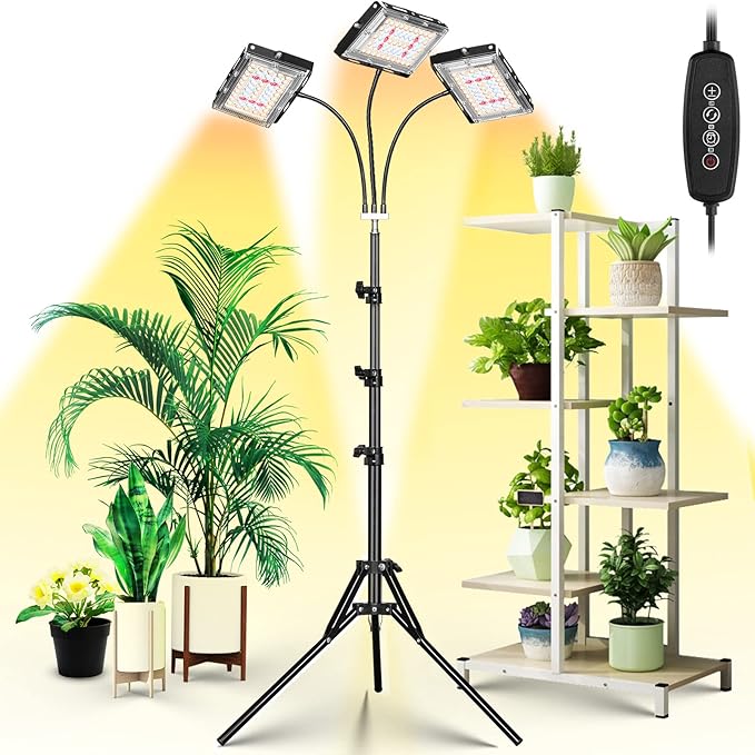 LBW Grow Light with Stand, Tri-Head LED Plant Light for Indoor Plants, Full Spectrum 150 LEDs