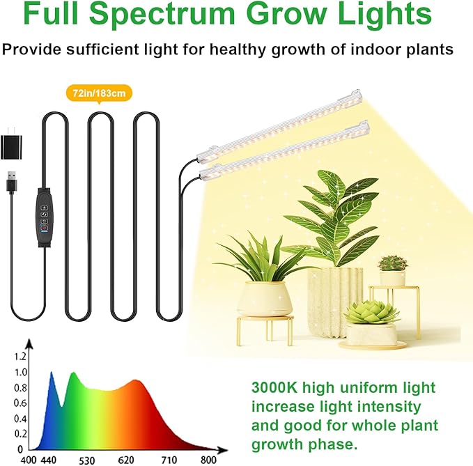 8.6'' Mini LED Grow Light Strips, Full Spectrum 3000K, 52 LED Plant Light with 3/9/12H Timer, 10