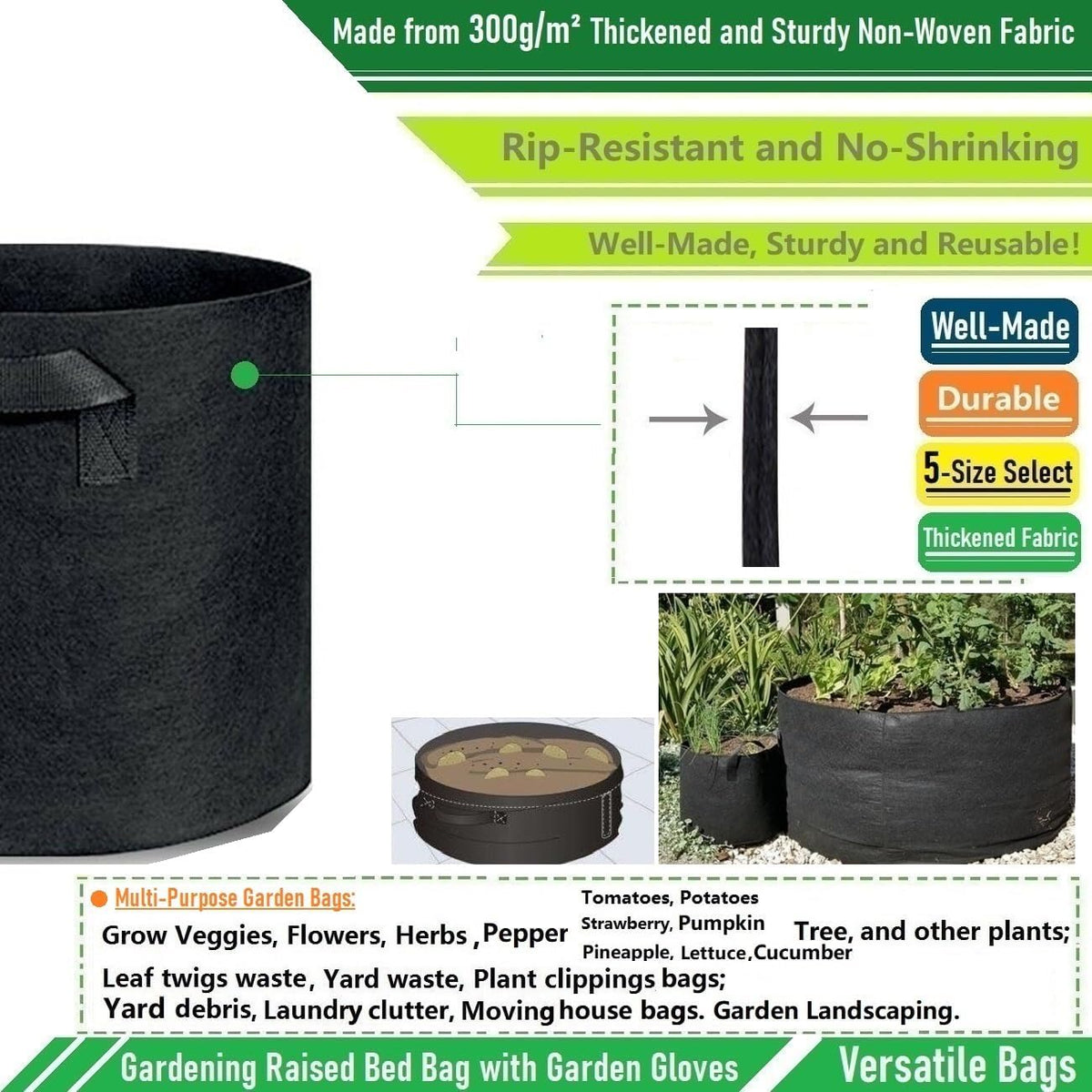 150 Gallon Large Raised Garden Bed Bag (44x24 inch) Big Garden Bag Sturdy Plant Grow Bag for