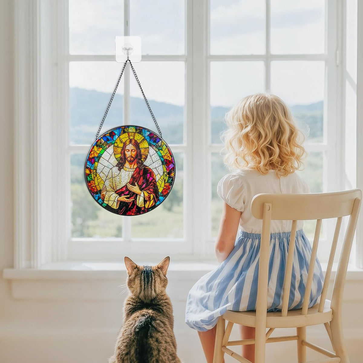 Suncatcher Stained Glass Window Hanging - Jesus Christ Glass Panel with Metal Chain and Hooks