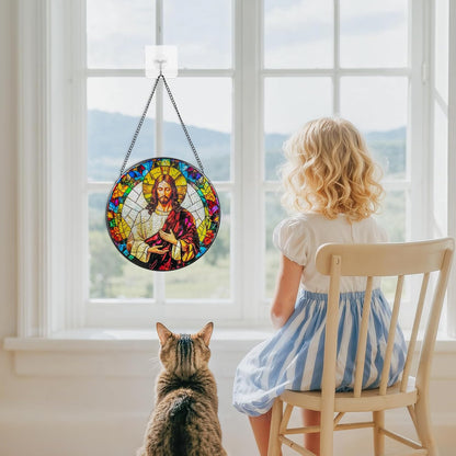 Suncatcher Stained Glass Window Hanging - Jesus Christ Glass Panel with Metal Chain and Hooks