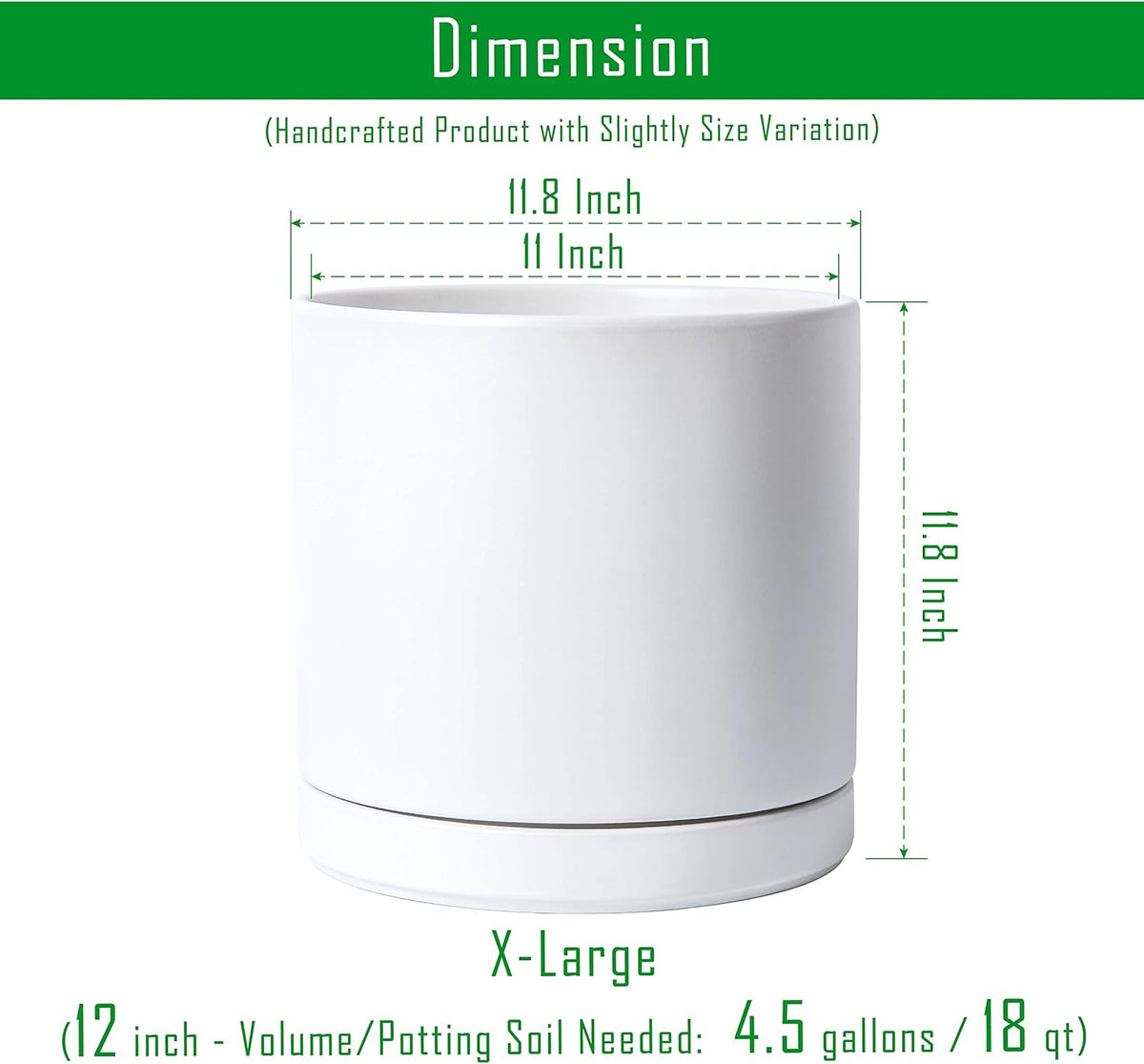 D'vine Dev 12 Inch Ceramic Planter Pot with Drainage Hole and Saucer, Indoor Cylinder Round Planter