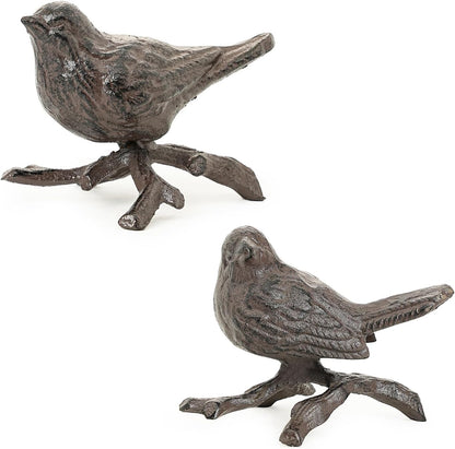 Sungmor Cast Iron Small Bird Statues, Set of 2 Realistic Rust Brown Bird with Branch Collectible