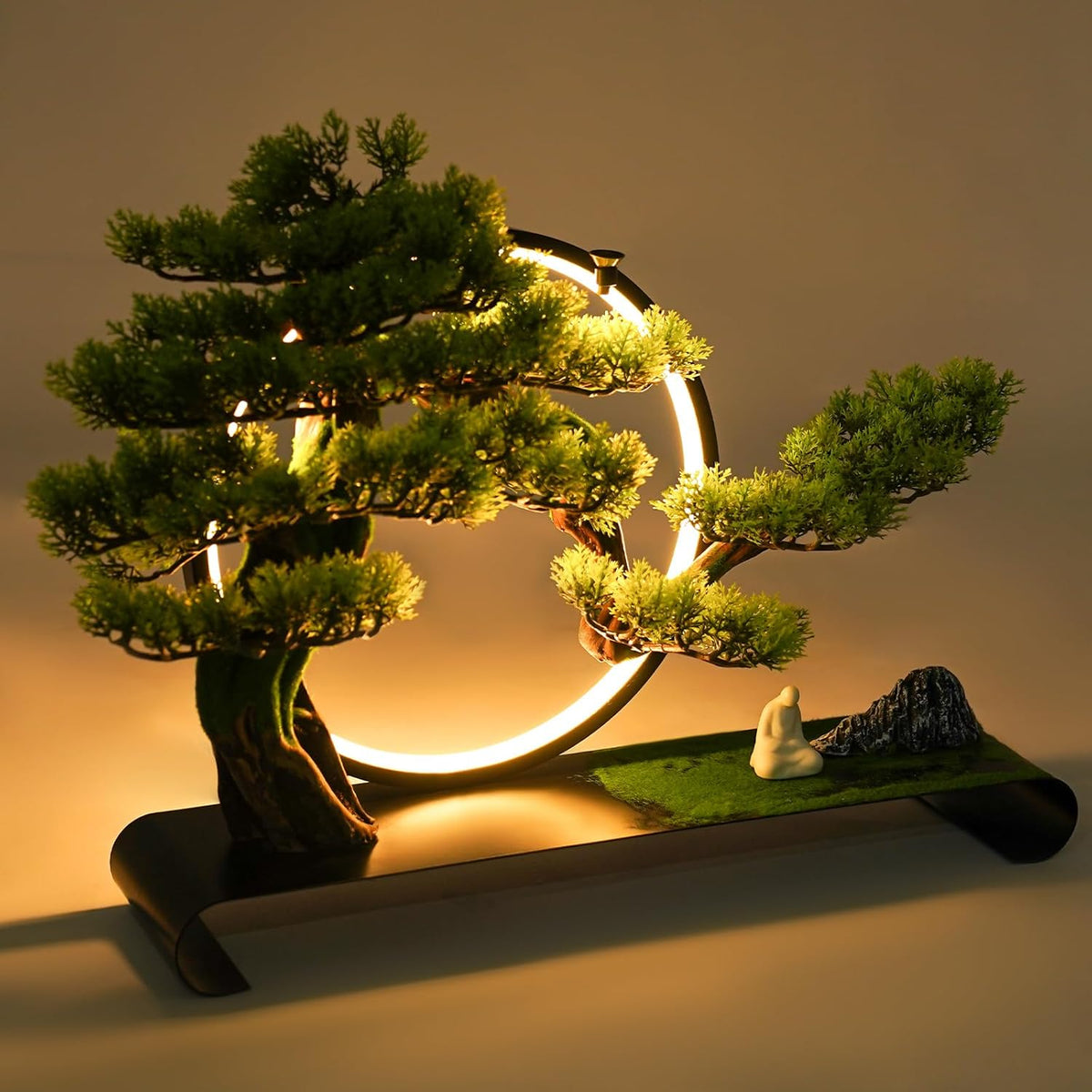 Artificial Bonsai Pine Tree Faux Realistic Simulation Bonsai with LED Lamp Ring Fake Plants Desk