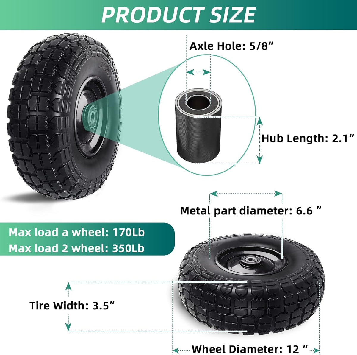 12'' Flat Free Tires Rubber Replacement Solid Tire and Wheel Assemblies for Hand Trucks Garden Cart