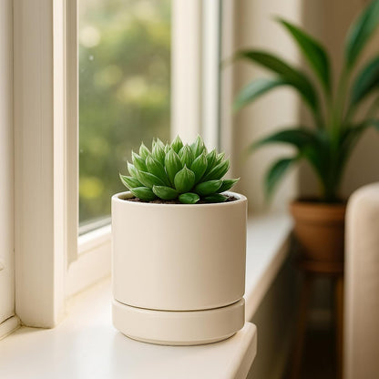 D'vine Dev 4.7 Inch Ceramic Planter Pot with Drainage Hole and Saucer, Indoor Cylinder Round