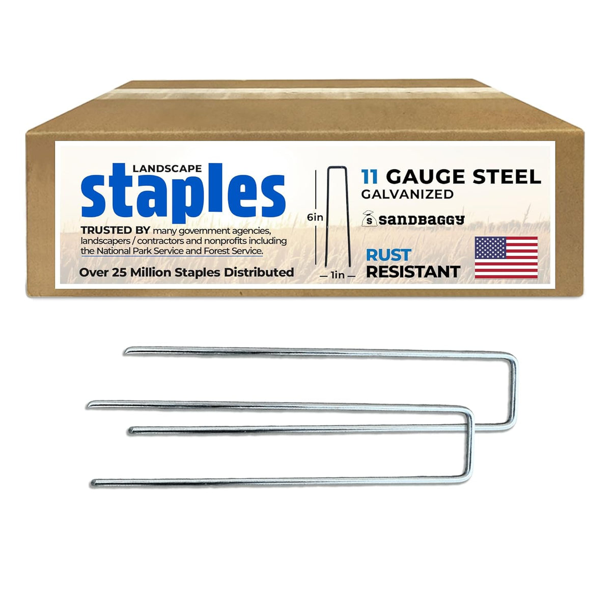 Sandbaggy USA Made 6-inch Landscape Staples - Garden Stakes - Landscaping Fabric, Netting, Sod
