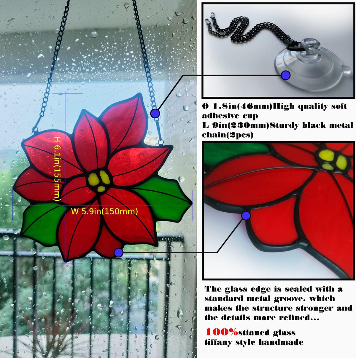 Stained Glass Poinsettia Flower Window Hanging Christmas Sun Catchers Holiday Decoration Window