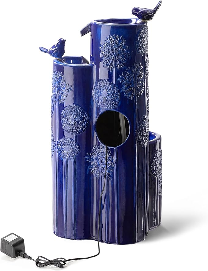 Glitzhome 32" H Outdoor Water Fountain with LED Lights and Pump, 4 Tier Ceramic Cobalt Blue