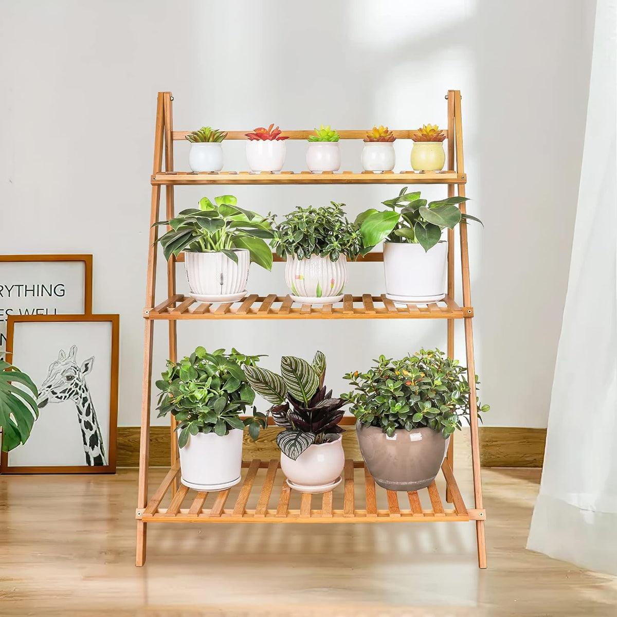 Ufine Bamboo Ladder Plant Stand 3 Tier Foldable Flower Pot Display Shelf Rack for Indoor Outdoor