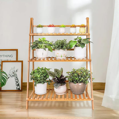 Ufine Bamboo Ladder Plant Stand 3 Tier Foldable Flower Pot Display Shelf Rack for Indoor Outdoor